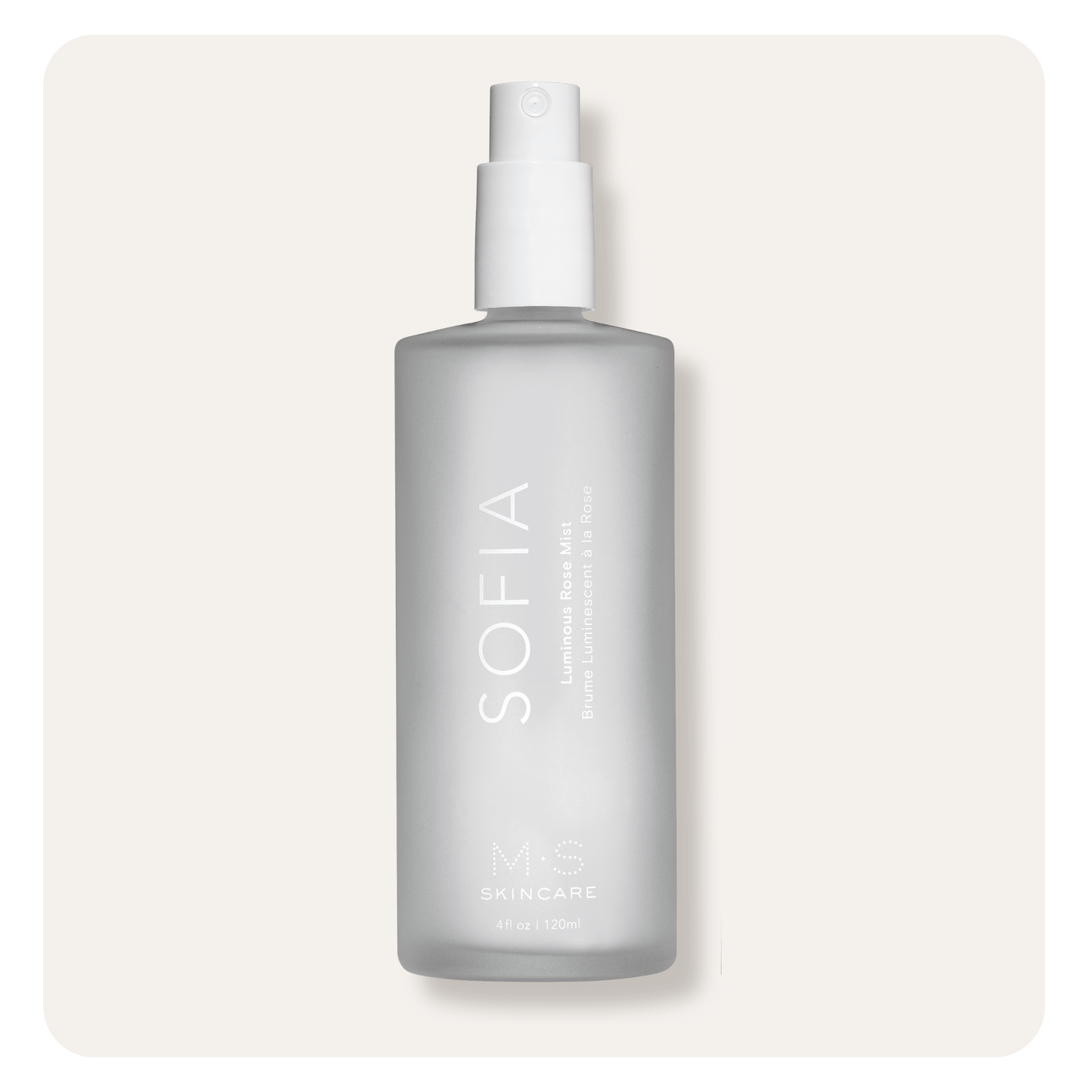 M.S Skincare SOFIA Luminous Rose Mist- luxurious rose toner in a frosted white bottle with white printing with sprayer