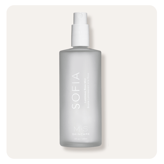M.S Skincare SOFIA Luminous Rose Mist- luxurious rose toner in a frosted white bottle with white printing with sprayer